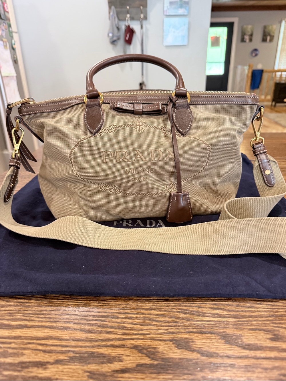 PRADA Jacquard Tote Canvas and Leather, with COA